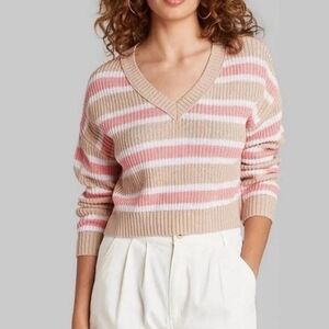 NWT Women's Wild Fable Cotton Knit Pullover V Neck Sweater, Tan/Peach, Size M